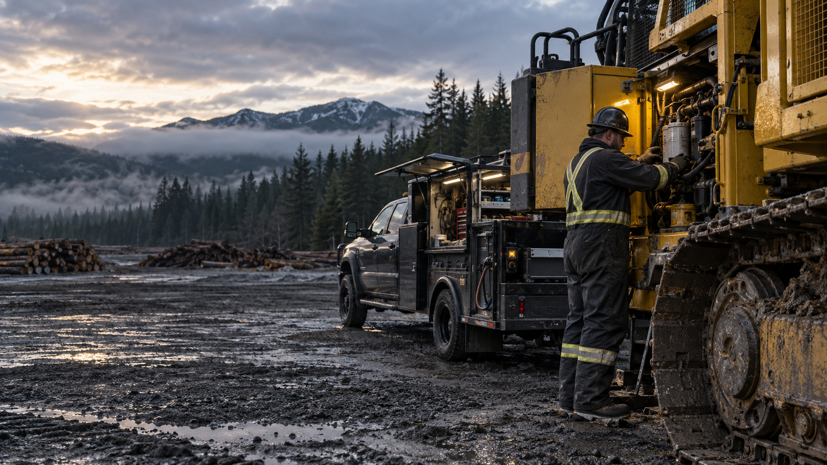 Heavy-duty field mechanic servicing forestry equipment in northern British Columbia